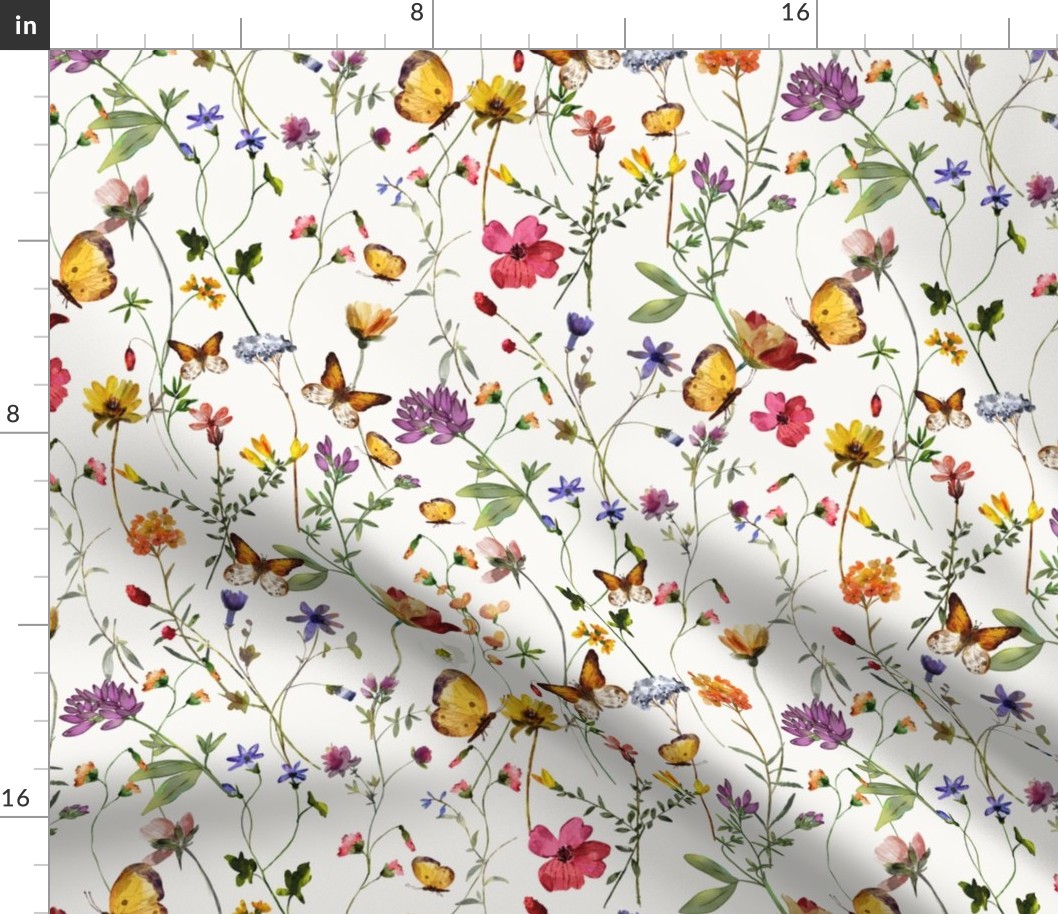 14"  a colorful pink summer wildflower meadow  - nostalgic Wildflowers, Yellow Butterflies and Herbs home decor on white double layer,   Baby Girl and nursery fabric perfect for kidsroom wallpaper, kids room, kids decor