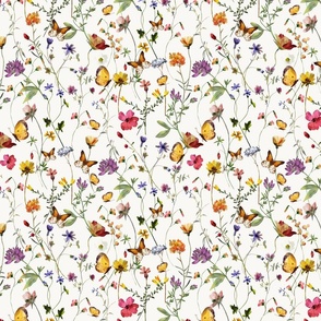 10"  a colorful pink summer wildflower meadow  - nostalgic Wildflowers, Yellow Butterflies and Herbs home decor on white double layer,   Baby Girl and nursery fabric perfect for kidsroom wallpaper, kids room, kids decor