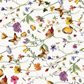 Turned left 21"  a colorful pink summer wildflower meadow  - nostalgic Wildflowers, Yellow Butterflies and Herbs home decor on white double layer,   Baby Girl and nursery fabric perfect for kidsroom wallpaper, kids room, kids decor