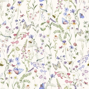 18" a colorful pink and blue summer wildflower meadow  - nostalgic Wildflowers, blue Butterflies and Herbs home decor on white double layer,   Baby Girl and nursery fabric perfect for kidsroom wallpaper, kids room, kids decor