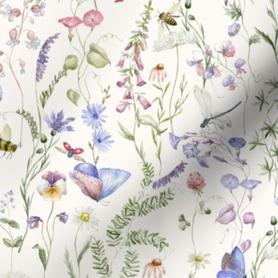 14" a colorful pink and blue summer wildflower meadow  - nostalgic Wildflowers, blue Butterflies and Herbs home decor on white double layer,   Baby Girl and nursery fabric perfect for kidsroom wallpaper, kids room, kids decor
