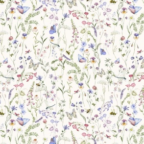 14" a colorful pink and blue summer wildflower meadow  - nostalgic Wildflowers, blue Butterflies and Herbs home decor on white double layer,   Baby Girl and nursery fabric perfect for kidsroom wallpaper, kids room, kids decor