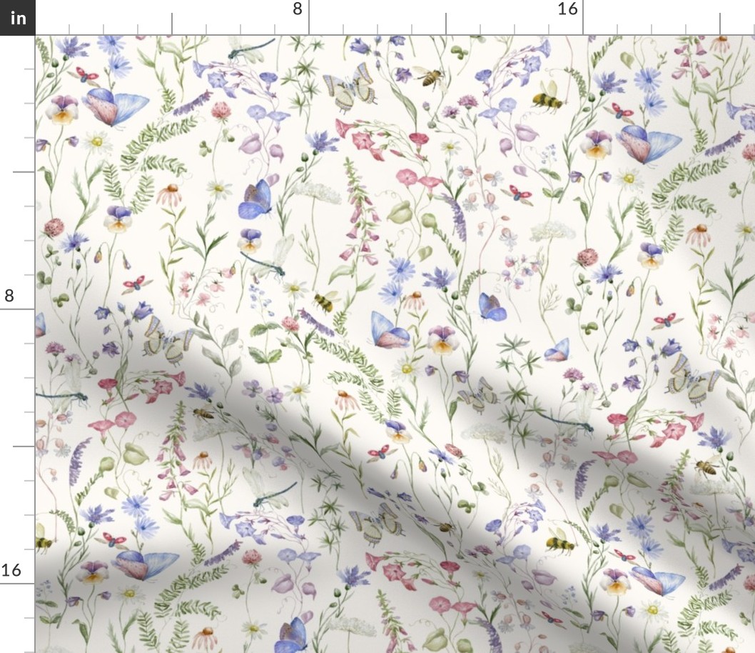 14" a colorful pink and blue summer wildflower meadow  - nostalgic Wildflowers, blue Butterflies and Herbs home decor on white double layer,   Baby Girl and nursery fabric perfect for kidsroom wallpaper, kids room, kids decor