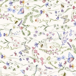 Turned left 21" a colorful pink and blue summer wildflower meadow  - nostalgic Wildflowers, blue Butterflies and Herbs home decor on white double layer,   Baby Girl and nursery fabric perfect for kidsroom wallpaper, kids room, kids decor