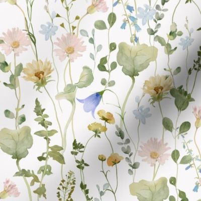 10" a colorful pink and blue bellflowers summer wildflower meadow  - nostalgic bellflowers Wildflowers, blue Butterflies and Herbs home decor on white double layer,   Baby Girl and nursery fabric perfect for kidsroom wallpaper, kids room, kids decor