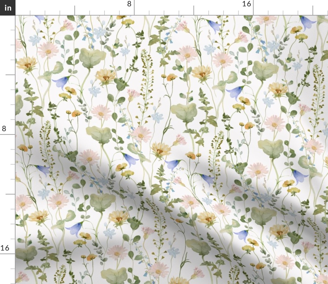 10" a colorful pink and blue bellflowers summer wildflower meadow  - nostalgic bellflowers Wildflowers, blue Butterflies and Herbs home decor on white double layer,   Baby Girl and nursery fabric perfect for kidsroom wallpaper, kids room, kids decor