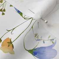 Turned left 18" a colorful pink and blue bellflowers summer wildflower meadow  - nostalgic bellflowers Wildflowers, blue Butterflies and Herbs home decor on white double layer,   Baby Girl and nursery fabric perfect for kidsroom wallpaper, kids room, kids