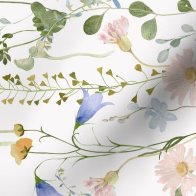 Turned left 18" a colorful pink and blue bellflowers summer wildflower meadow  - nostalgic bellflowers Wildflowers, blue Butterflies and Herbs home decor on white double layer,   Baby Girl and nursery fabric perfect for kidsroom wallpaper, kids room, kids