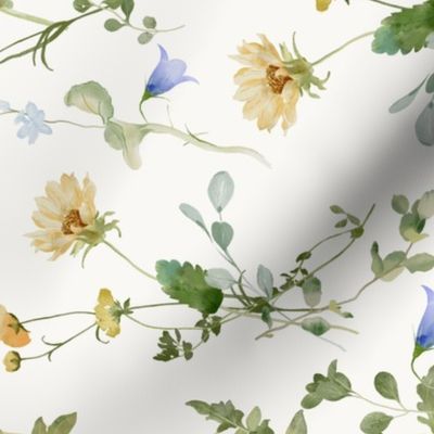 Turned left 18" a colorful pink and blue bellflowers summer wildflower meadow  - nostalgic bellflowers Wildflowers, blue Butterflies and Herbs bouquets home decor on white double layer,   Baby Girl and nursery fabric perfect for kidsroom wallpaper, kids r