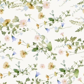 Turned left 18" a colorful pink and blue bellflowers summer wildflower meadow  - nostalgic bellflowers Wildflowers, blue Butterflies and Herbs bouquets home decor on white double layer,   Baby Girl and nursery fabric perfect for kidsroom wallpaper, kids r
