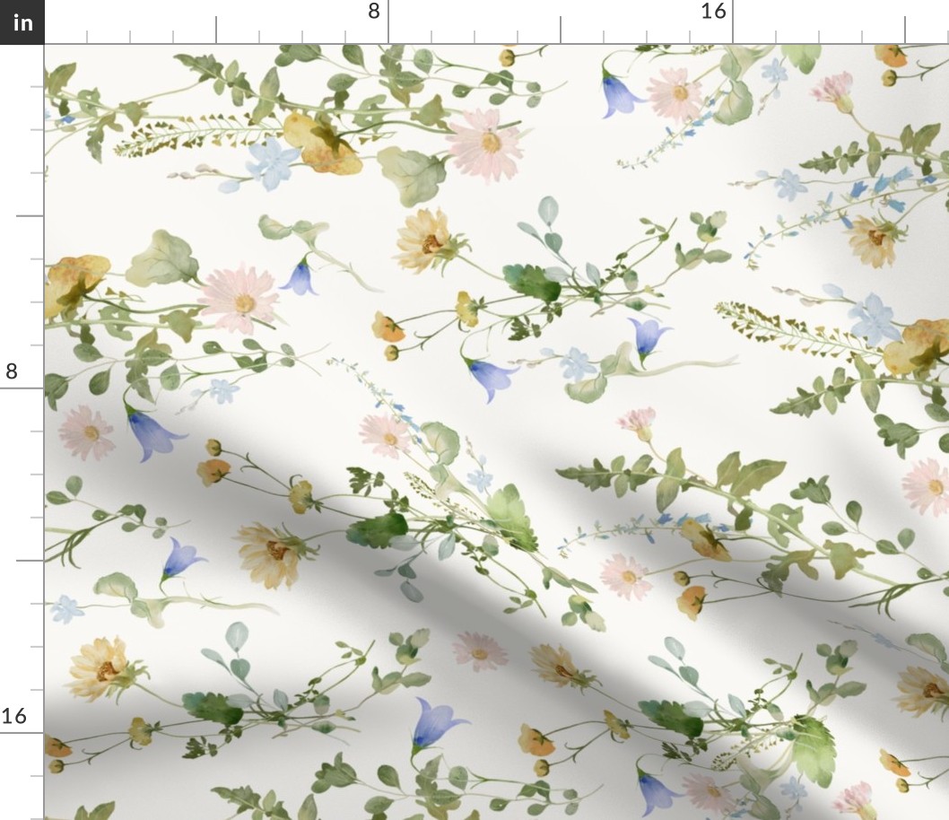 Turned left 18" a colorful pink and blue bellflowers summer wildflower meadow  - nostalgic bellflowers Wildflowers, blue Butterflies and Herbs bouquets home decor on white double layer,   Baby Girl and nursery fabric perfect for kidsroom wallpaper, kids r