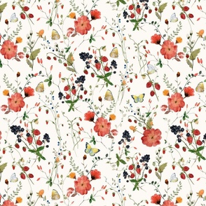 14" a colorful red and blue summer wildflower meadow  - nostalgic berries and Wildflowers, yellow and blue Butterflies and Herbs home decor on white double layer,   Baby Girl and nursery fabric perfect for kidsroom wallpaper, kids room, kids decor