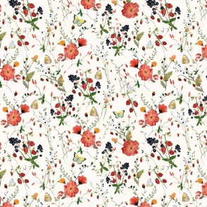 12" a colorful red and blue summer wildflower meadow  - nostalgic berries and Wildflowers, yellow and blue Butterflies and Herbs home decor on white double layer,   Baby Girl and nursery fabric perfect for kidsroom wallpaper, kids room, kids decor