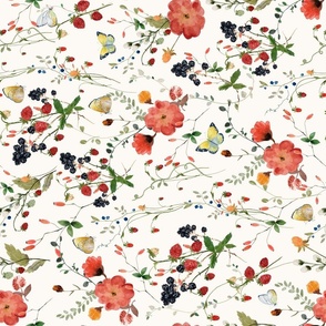 Turned left 18" a colorful red and blue summer wildflower meadow  - nostalgic berries and Wildflowers, yellow and blue Butterflies and Herbs home decor on white double layer,   Baby Girl and nursery fabric perfect for kidsroom wallpaper, kids room, kids d