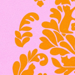 LARGE - Vibrant Hidden Cat Damask 4. Orange on Pink