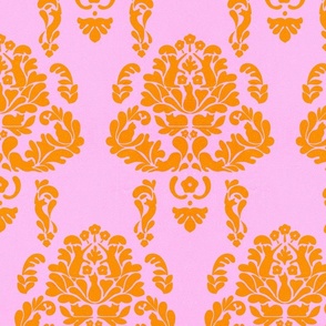 MEDIUM - Vibrant Hidden Cat Damask 4. Orange on Pink