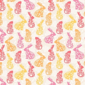 Floral Spring Bunnies in Coral, Peach, Pink, and Yellow - Medium Scale