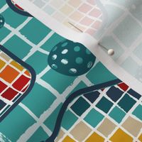 Large Scale Pickleball Paddles and Balls Retro Rainbow Checker on Turquoise