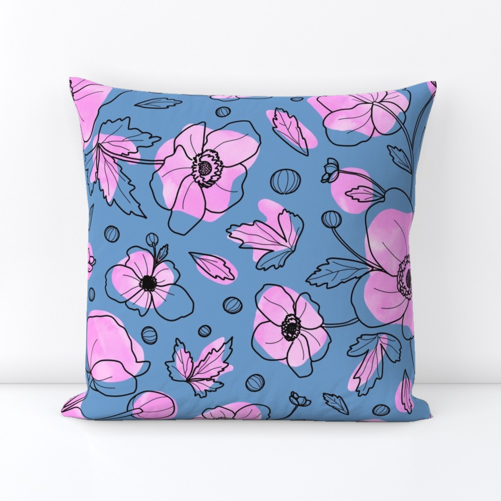 large-Anemone lines - black and pink on Blue Grey