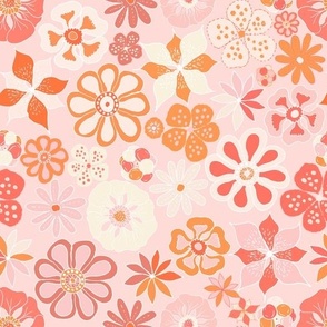 Handmade boho floral pattern with orange na pink pastel colors