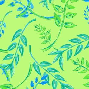 Aqua Watercolor Foliage on Bright Green