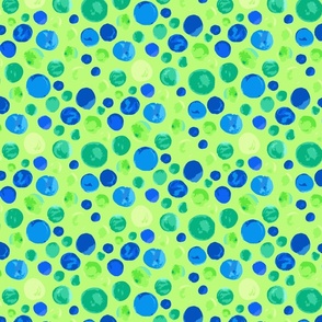 Aqua Watercolor Dots on Bright Green