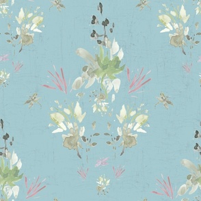 Brush stroke blue floral fabric, Large,  textured blue wallpaper, grasscloth floral, watercolor,  ecru