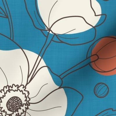 UPD L Anemone buttercup florals bold line art and spots - blue gold orange