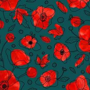 large-Anemone lines - poppy style - black on Midnight Green