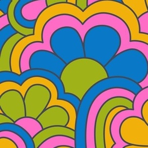 Large Scale Retro Rainbows & Flowers in Yellow, Blue, Green & Pink Color Palette
