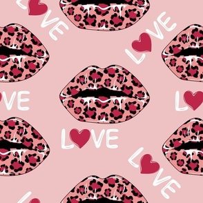 Woman's lips with leopard print and love text on pink background