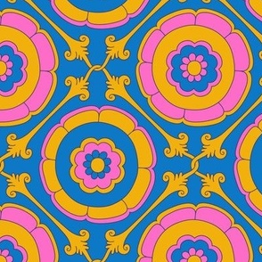 Vintage Floral Tile Pattern in Pink, Yellow & Blue Color Palette