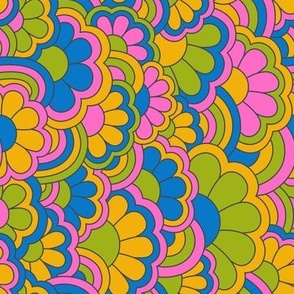 Horizontal Retro Rainbows & Flowers in Yellow, Blue, Green & Pink Color Palette