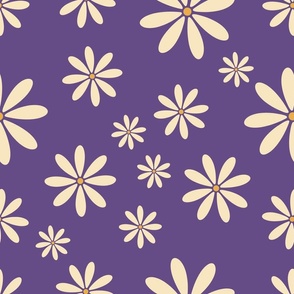 White Daisy flowers on violet retro pattern