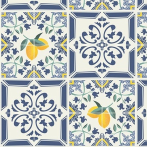 delft blue mediterranean tiles with lemons - medium scale