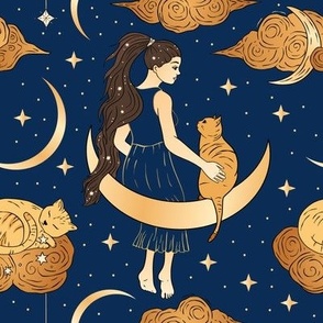 Golden Celestial Witch Woman Sitting on a Moon with Cat