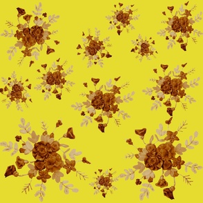 composition florale en beiges sur fond jaune-vert