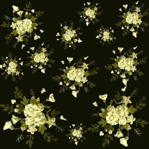composition florale en jaune et kaki sur fond noir