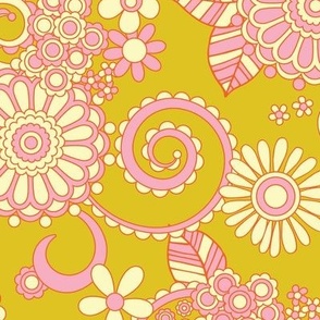 Vintage Retro Swirly Floral in Pink, Yellow