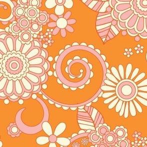 Vintage Retro Swirly Floral in Orange, Pink