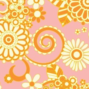 Vintage Retro Swirly Floral in Pink, Yellow, Orange