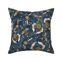 Large Scale Golden Snitch and Flying Keys on Dark Blue