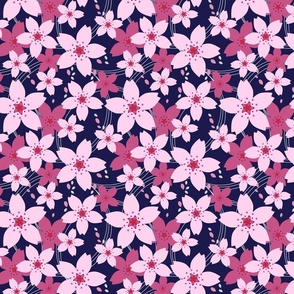 Cherry Blossom in Night Sky: A Pattern of Pink Florals on a Deep Blue Canvas