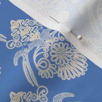 Passementerie birds - lace and pearls - cream on blue - upholstery fabric - large