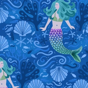 mermaid in seaweed and coral garden wallpaper scale