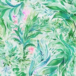 Exotic Escape - Pink/Green Watercolor Corals on White 