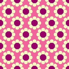 60s Retro Floral with Fuchsia Flowers on Carnation Pink Background