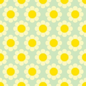 60s Retro Floral with Yellow Flowers on Mint Background