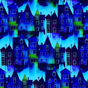 Night city Dark blue town. Bright kids home décor. Watercolor geometric houses.