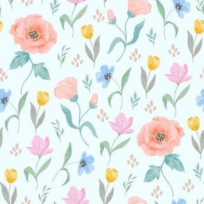 soft watercolor flowers -blue background